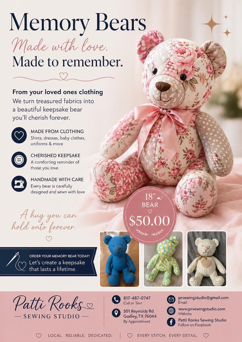 May include: A plush memory bear crafted from floral and polka-dot patterned fabric, featuring a pink satin ribbon around its neck. The image includes text advertising custom bears made from clothing, with an 18-inch size label and contact details.