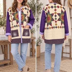 May include: A quilted jacket featuring a cream-colored base with a multi-colored star pattern, purple sleeves, and a dark purple hem. The jacket includes a button-front closure, a light purple trim, and two front pockets with white floral embroidery.