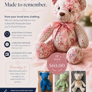 Puede incluir: Un oso de peluche hecho de tela con patrones florales y de lunares, con una cinta de satén rosa alrededor del cuello. La imagen incluye texto que describe osos de recuerdo hechos de ropa, con ejemplos de otros osos más pequeños debajo.