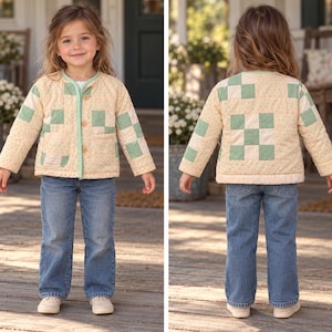 Child’s Upcycled Quilt Coat, Size 5, Soft Peach & Sage Green Patchwork Jacket, One of a Kind