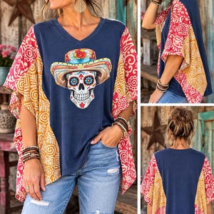 Western Sugar Skull Upcycled Shirt | Kantha Sleeve Top | Cowgirl Skull Tee | Boho Western Clothing | One of a Kind Slow Fashion