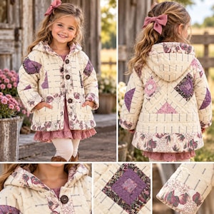 May include: A cream-colored quilted hooded jacket featuring a patchwork design with purple and floral fabric accents. The jacket includes dark brown buttons, two front pockets, and long sleeves with floral cuffs, showcasing a detailed stitched pattern.