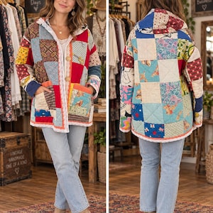 May include: A long-sleeve hooded jacket featuring a multi-coloured patchwork design with various floral, geometric, and bird patterns. The jacket includes two front pockets, a white lace trim along the front opening, and three large wooden buttons.
