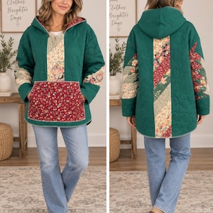 May include: A long-sleeve hooded pullover jacket in dark green with a quilted texture. The garment features a front kangaroo pocket and vertical panels on the chest, back, and sleeves decorated with a multi-colored floral pattern on cream and red.