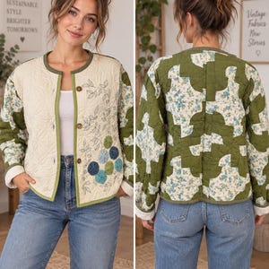May include: A quilted jacket featuring a cream-colored front panel with embroidered leaf patterns and circular fabric rosettes in shades of blue and green. The back and sleeves display a patchwork design of olive green and floral print fabric.