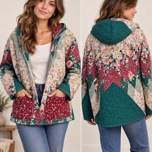 May include: A quilted hooded jacket featuring a patchwork design with floral patterns in shades of dark green, burgundy, and cream. The jacket includes long sleeves, a front button closure, and two large patch pockets on the front lower section.