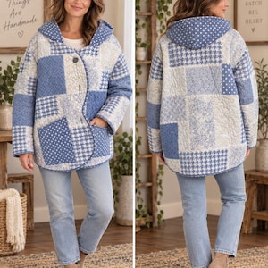 May include: A quilted hooded jacket featuring a patchwork design in shades of blue and white. The pattern includes various prints such as polka dots, houndstooth, and floral motifs. The jacket has a single button closure and two front pockets.