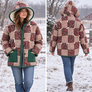 May include: A quilted hooded jacket featuring a patchwork pattern of red, green, and cream plaid squares alternating with dark red paisley print squares. The jacket includes small cream-colored ribbon ties at the seams, two solid green pockets, and a cream-colored lining.