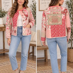 May include: A long-sleeve quilted jacket featuring a patchwork design of various floral and geometric patterns in shades of red, pink, and beige. The jacket has a round neckline, a single button closure, and two front pockets. The back features a rectangular patch with embroidered text.