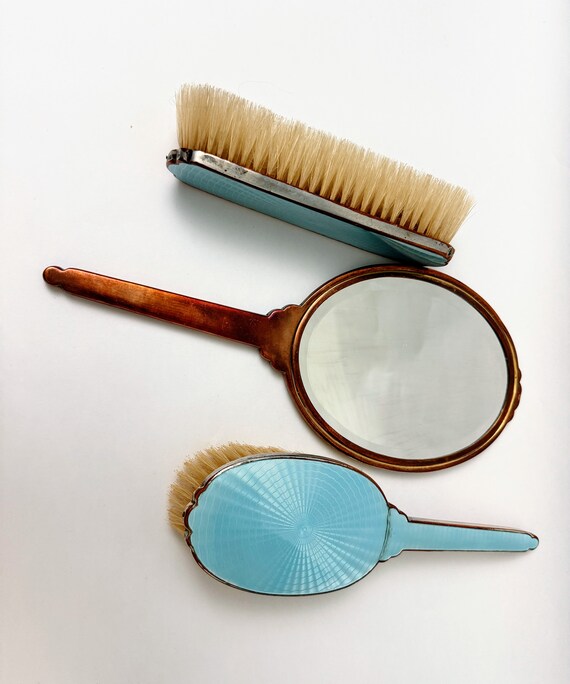 Vintage (60’s) ~ Turquoise ~ 3 Piece Set ~ Hand Mirror, Brush & Jewelry Jar Set Vintage Mid Century Vanity Set – Amber & Turquoise Hand  main image 4