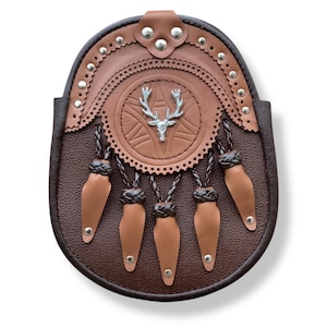 Handmade Stage head Badge Sporran Brown Leather Sporran 5 Leather Tassel Sporran