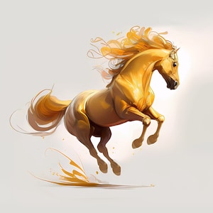 May include: A golden horse with a flowing mane and tail is leaping through the air, its hooves kicking up dust. The horse is captured in mid-air, showcasing its powerful muscles and graceful movement.