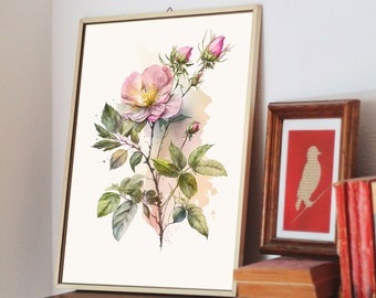 Wild Rose - Rosa Acicularis - Botanical Art - Gift for Her - Nursery Art - Flower Home Decor - Farmhouse Decor - Alberta