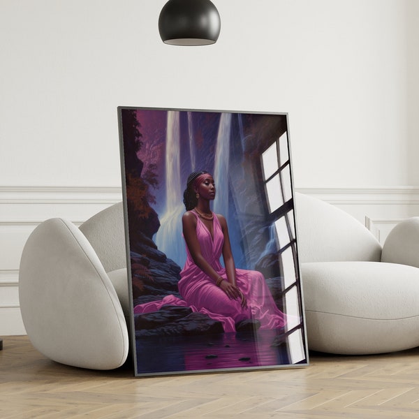 Belle sérénité - tableau représentant une femme noire en rose en cascade - art mural triptyque - téléchargement numérique - lot de 3 impressions - déco rose vif