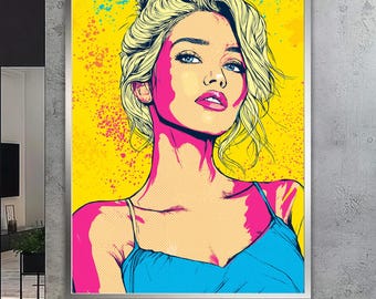 Retrato de mujer en lienzo estilo Pop Art, estilo gráfico retro, arte mural moderno