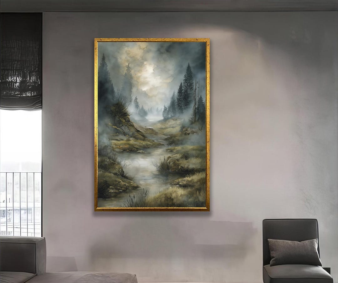 Misty Forest Landscape Art Print With Serene River Stream and ...