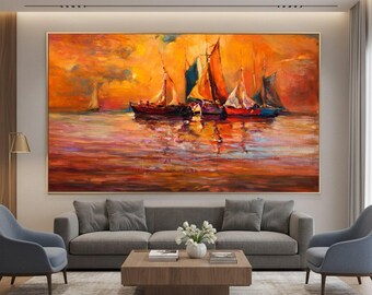 Vibrant Sunset Sailboats Canvas, Abstract Nautical Wall Art, Colorful Seascape Painting, Home Decor Canvas, Ocean Reflection Artwork