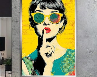 Lienzo estampado de mujer estilo Pop Art, gafas de sol retro, colores llamativos