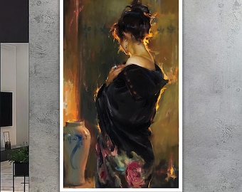 Retrato de mujer en lienzo / Elegante pintura de figura femenina en tonos oscuros