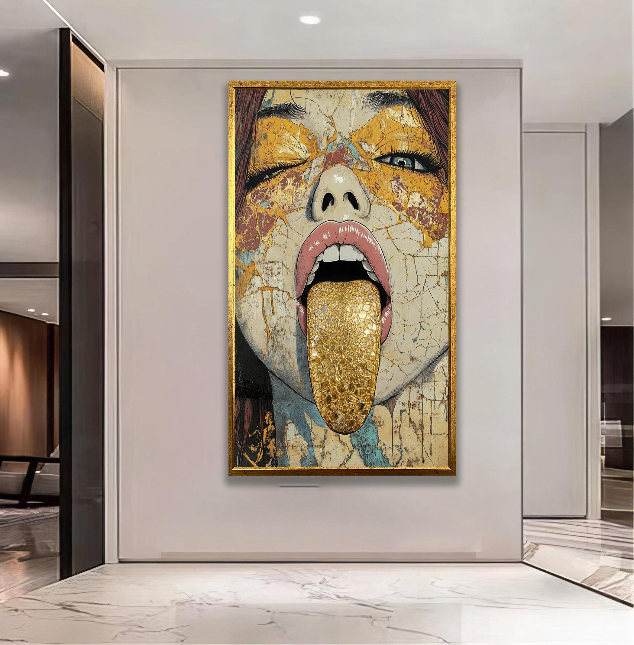 ポップアート 女性の肖像画 油絵 モダンポップアートの女性の肖像画、ゴールドタンキャンバスウォール