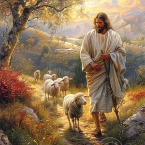May include: A painting depicting Jesus Christ walking with a flock of sheep along a path through a field. The sky is a soft yellow and the trees are a mix of green and brown. The sheep are white and fluffy. The painting is a depiction of Jesus as the Good Shepherd.