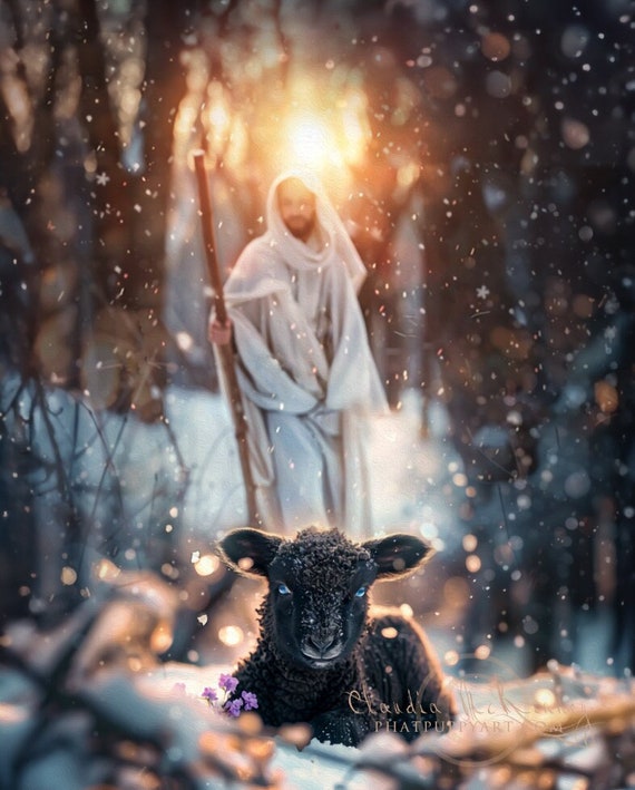 Digital Art of Jesus the Good Shepherd With Lost Black Lamb in the