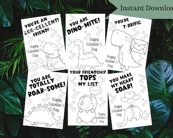 Printable Coloring Dinosaur Valentine Cards for Kids