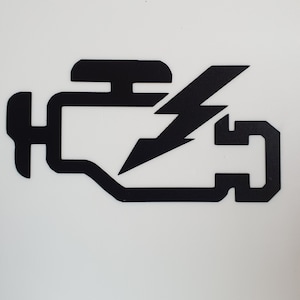 May include: Black and white check engine light icon with a lightning bolt inside. The icon is a common symbol for car trouble.
