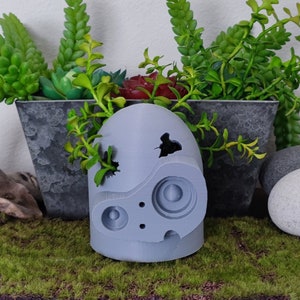 May include: A gray, robot-shaped planter with a hole in the top. The planter is surrounded by green succulent plants in a gray pot.