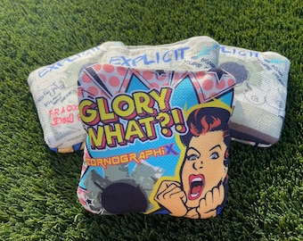 Pro Speed Cornhole Bags, 4-Bag Set, Dual Speed Fabrics, "Glory What?! Explicit 7/9