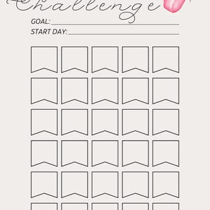Puede incluir: Un rastreador de desafíos de 30 días beige con el título en escritura negra y pesas de acuarela rosa. Incluye espacios para la meta y la fecha de inicio, y 30 casillas en forma de bandera en blanco para el seguimiento diario.