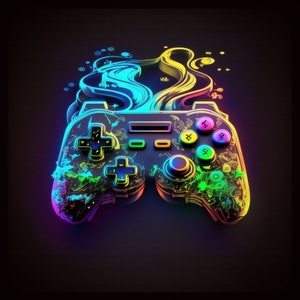 Könnte beinhalten: Ein schwarzer Videospiel-Controller mit bunten abstrakten Designs und leuchtenden Lichtern. Der Controller verfügt über eine Vielzahl von Tasten, darunter ein Steuerkreuz, Gesichtstasten und Schultertasten.
