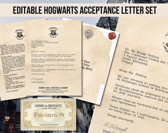 Editable Acceptance Letter, Envelope and Train Ticket, School of Witchcraft and Wizardry, Magic School, Magic Birthday