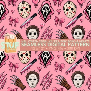 May include: A seamless digital pattern on a pink background featuring repeating illustrations of horror movie masks, knives with blood, clawed gloves, pink bows, and melting hearts. Text reads: HALLOWEEN SERIAL KILLERS, PINK BOWS & HEARTS SEAMLESS DIGITAL PATTERN 12 x 12" • PNG File • 300 DPI.
