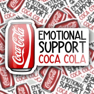 May include: A rectangular sticker featuring a red Coca-Cola soda can on the left and the black text EMOTIONAL SUPPORT above the red text COCA COLA on the right. The design is set against a repeating background pattern of the same sticker design.