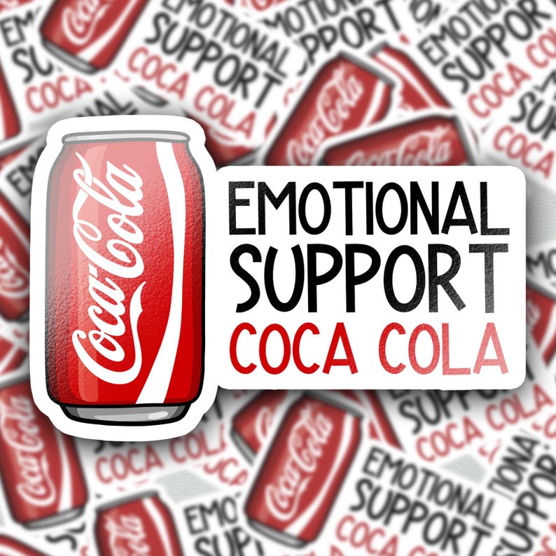 May include: A rectangular sticker featuring a red Coca-Cola soda can on the left and the black text EMOTIONAL SUPPORT above the red text COCA COLA on the right. The design is set against a repeating background pattern of the same sticker design.