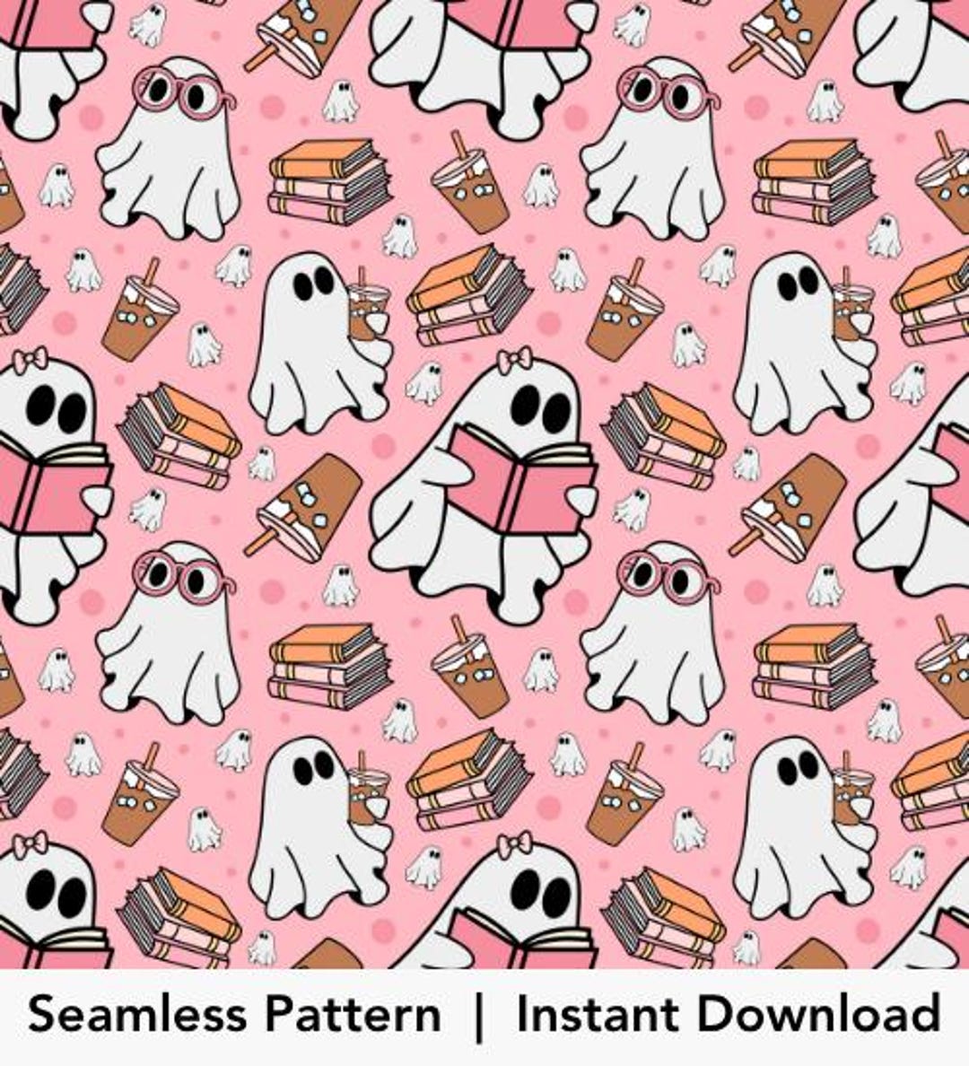 Pink Bookish Ghost Seamless Pattern: Girly Halloween Digital Paper PNG ...