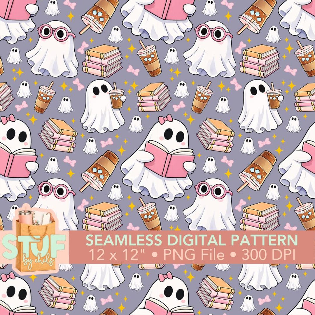 Bookish Ghost Seamless Pattern, Bows and Iced Coffee Ghost Girl PNG ...