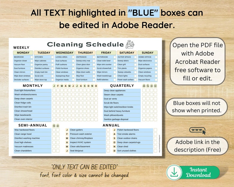 Buy EDITABLE Cleaning Schedule PRINTABLE Yearly Deep Cleaning Weekly