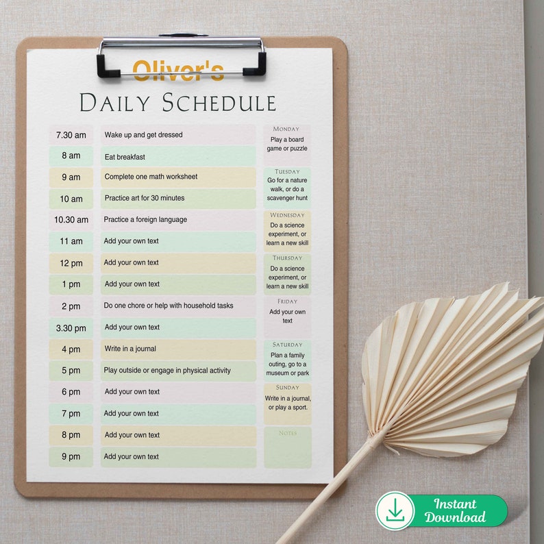 Editable Daily Schedule Chart for Kids Homeschool Daily Routine Chart