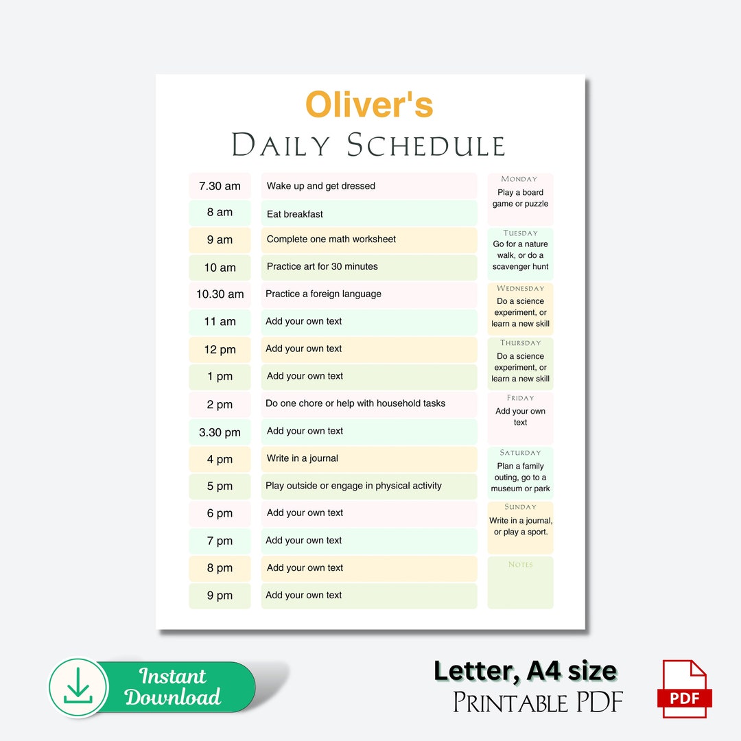 Weekly Schedule Chart For Kids
