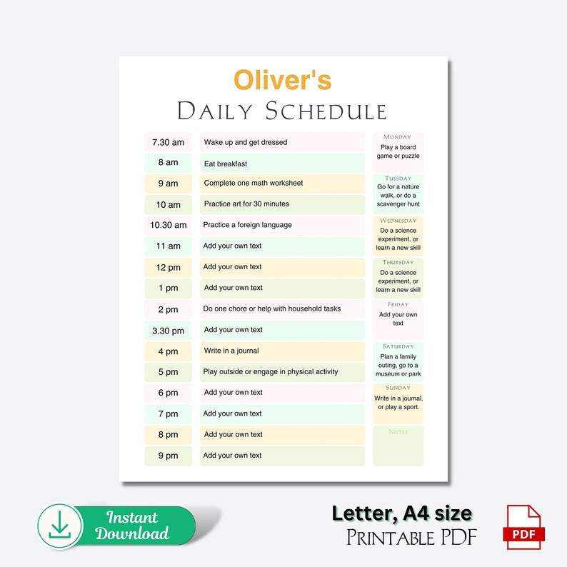 Editable Daily Schedule Chart for Kids Homeschool Daily Routine Chart