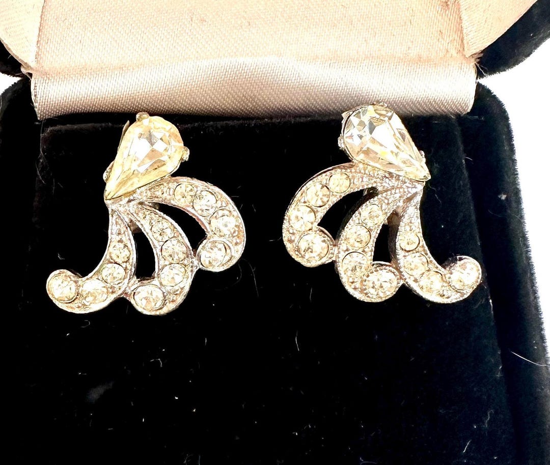 Vintage BOGOFF Marked Silver Tone and Clear Rhinestone Screw Back