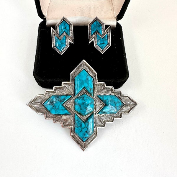 Vintage Sarah Coventry large southwest style brooch and clip on earrings set