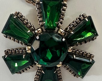Antique, green Czech glass pendant on 16” goldtone chain. Chain not original. Unmarked