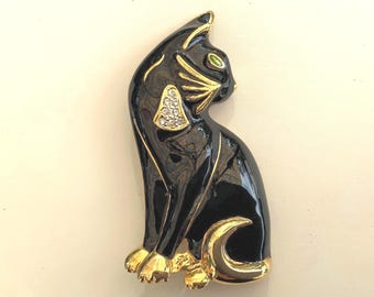 Vintage black lacquer enamel, goldtone and rhinestone sitting cat. Unsigned
