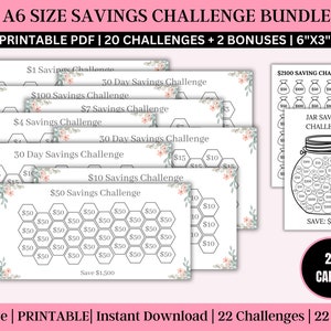 A6 Size Savings Challenge Bundle | Low Income Savings Challenge Printable  | A6 Sized Mini Savings Challenge Trackers | 22 Savings Challenge