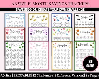 Monthly Savings Challenge Trackers | A6 Mini Savings Challenge Bundle | Savings Challenge Printable | Kids Savings Challenge | 24 Pages