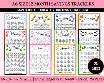 Monthly Savings Challenge Trackers | A6 Mini Savings Challenge Bundle | Savings Challenge Printable | Kids Savings Challenge  | 24 Pages
