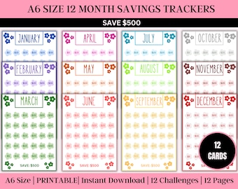 Monthly Savings Challenge Trackers | A6 Mini Savings Challenge Bundle | Savings Challenge Printable | Kids Savings Challenge | 12 Pages